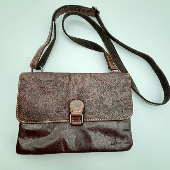 Jack Georges Handbags - Jack Georges Brown Leather Embossed Floral Crossbody Bag Purse